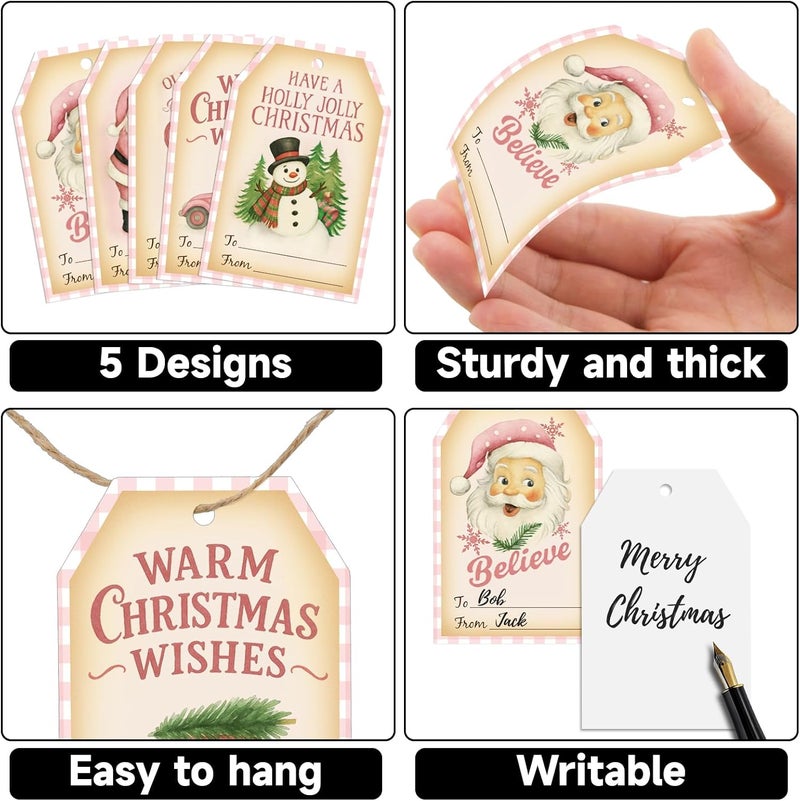 g2plus 50PCS Christmas Gift Tags - 5 Styles Pink Buffalo Plaid Christmas to from Tags with String for Holiday Wrapping, DIY Crafts, New Year Party Favors（3.3x2.2in） - Image 3